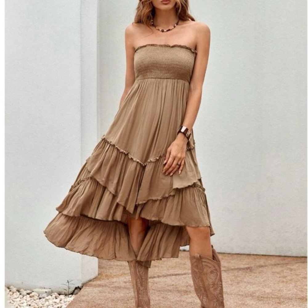 Boho Frill Trim Ruffle Hem Tube Dress